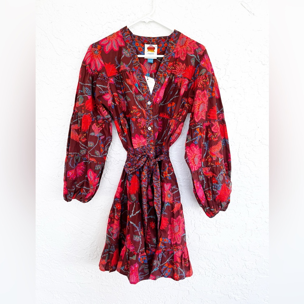 Farm Rio Red Floral Button Down Flare Mini Dress Balloon Sleeves Petite